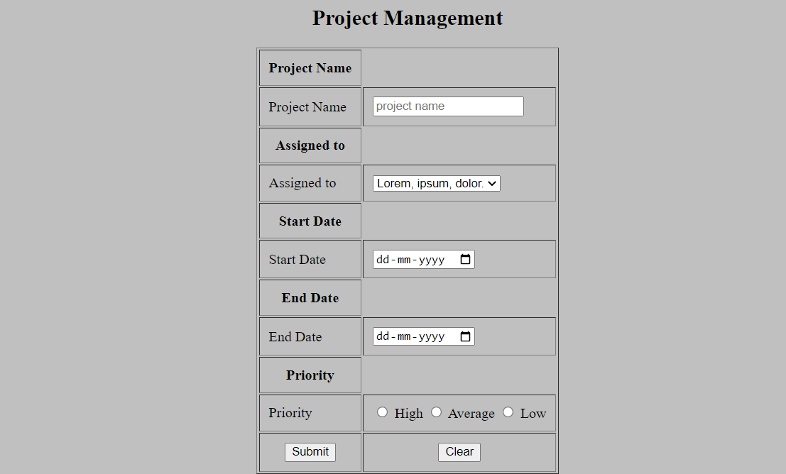 HTML Project Management Form